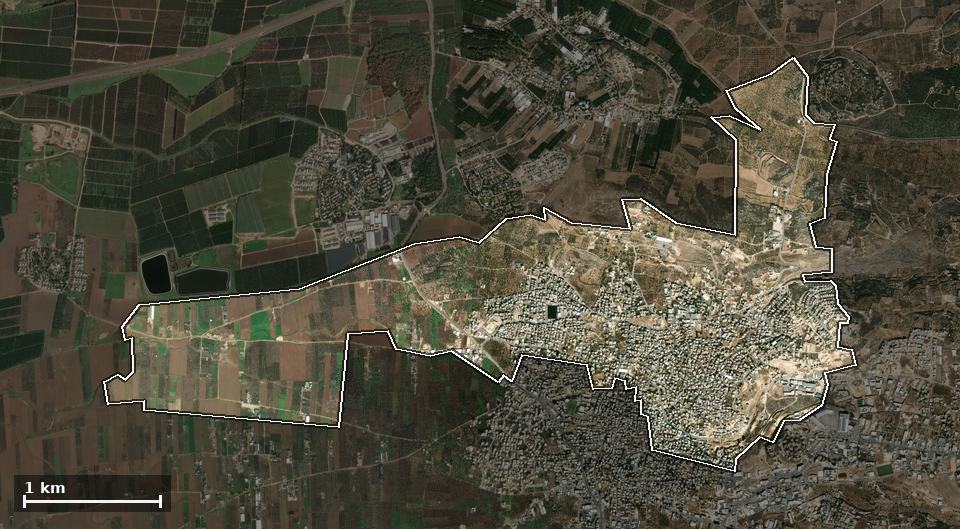 תצלום אוויר של אבו סנאן, ותחום השיפוט המוניציפלי מסומן עליו