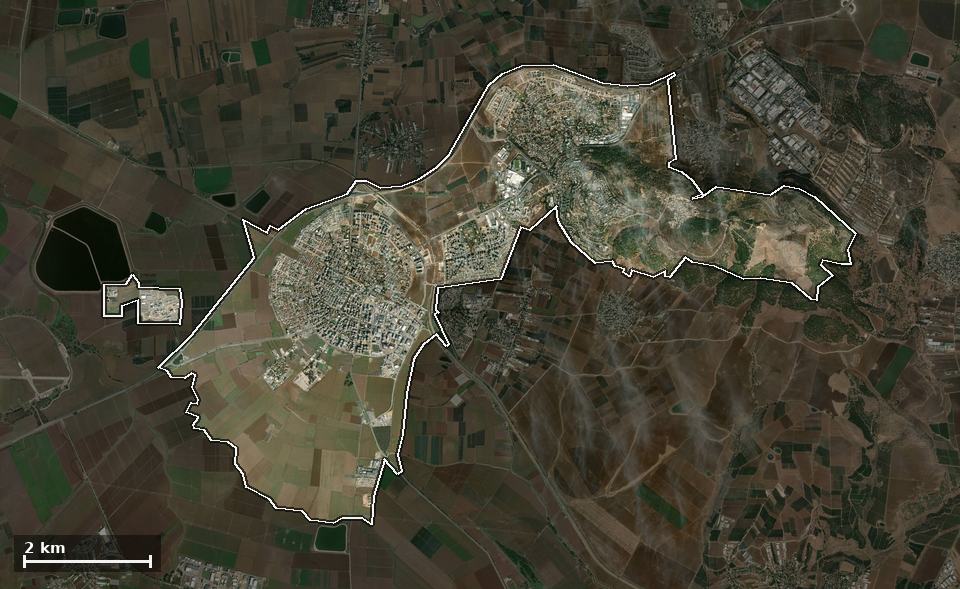 תצלום אוויר של עפולה, ותחום השיפוט המוניציפלי מסומן עליו