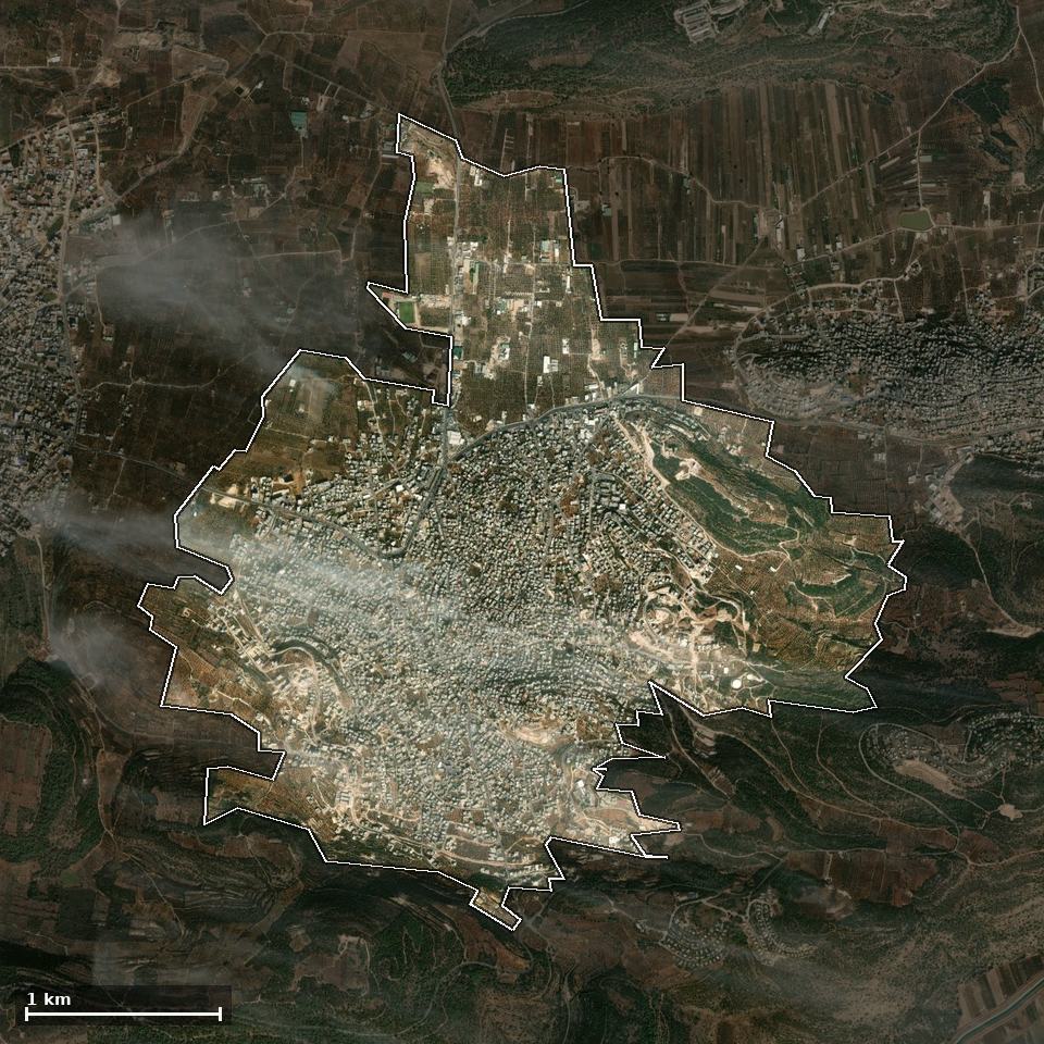 תצלום אוויר של עראבה, ותחום השיפוט המוניציפלי מסומן עליו