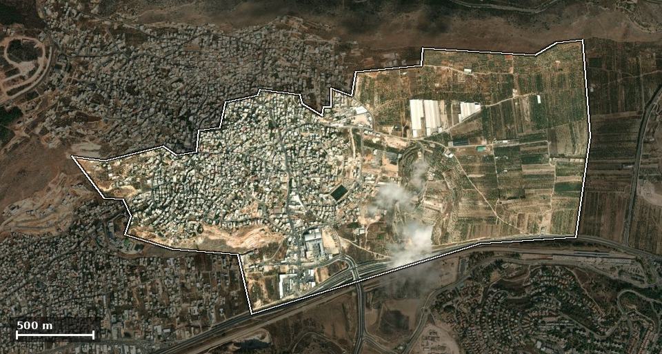תצלום אוויר של בענה, ותחום השיפוט המוניציפלי מסומן עליו