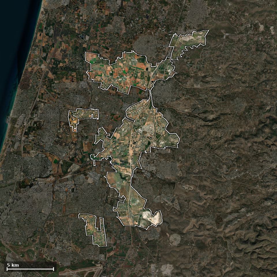 תצלום אוויר של דרום השרון, ותחום השיפוט המוניציפלי מסומן עליו