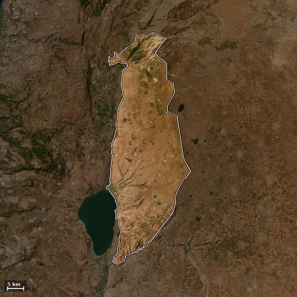 תצלום אוויר של גולן, ותחום השיפוט המוניציפלי מסומן עליו