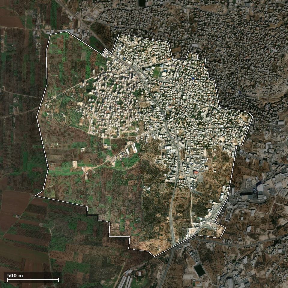 תצלום אוויר של כפר יאסיף, ותחום השיפוט המוניציפלי מסומן עליו