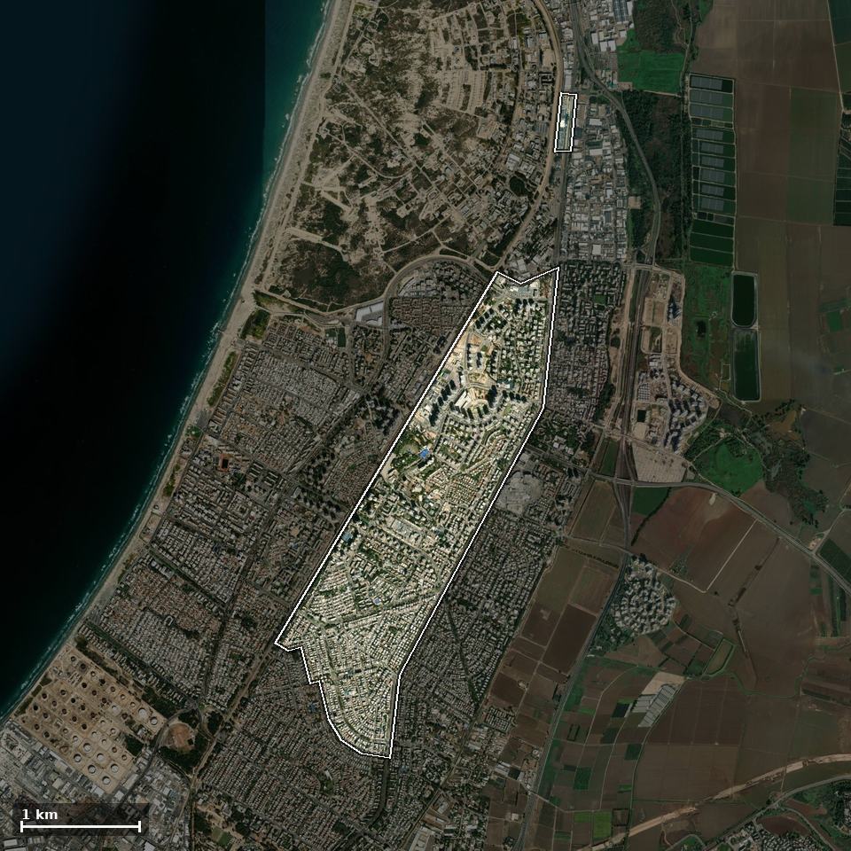 תצלום אוויר של קרית מוצקין, ותחום השיפוט המוניציפלי מסומן עליו