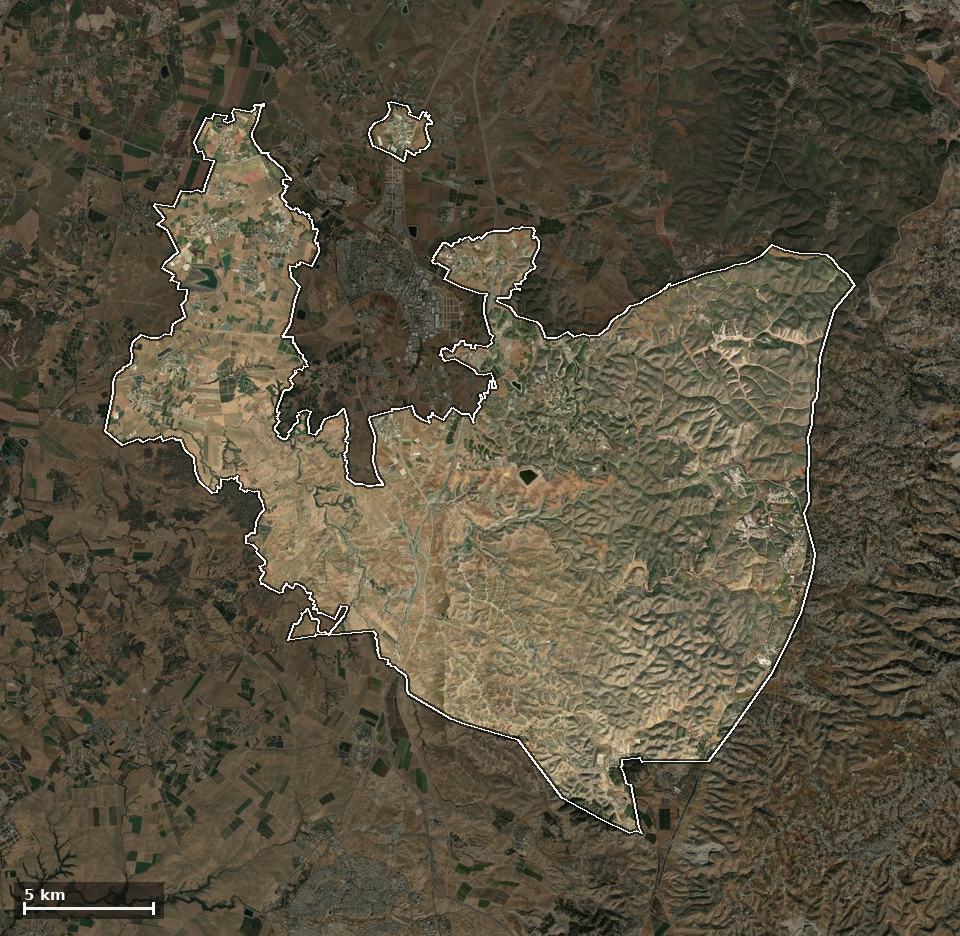תצלום אוויר של לכיש, ותחום השיפוט המוניציפלי מסומן עליו