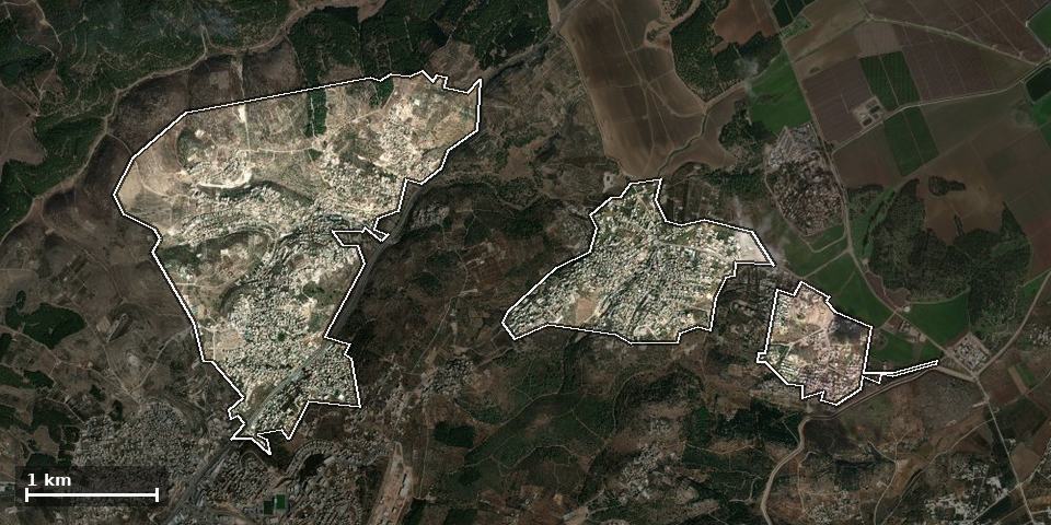 תצלום אוויר של מעלה עירון, ותחום השיפוט המוניציפלי מסומן עליו