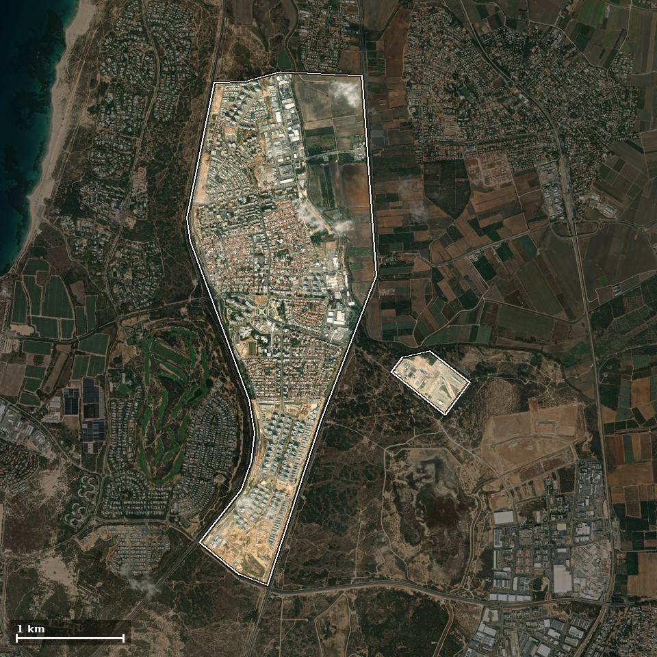 תצלום אוויר של אור עקיבא, ותחום השיפוט המוניציפלי מסומן עליו