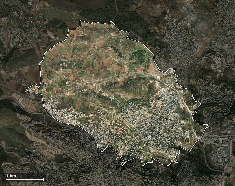 תצלום אוויר של ריינה, ותחום השיפוט המוניציפלי מסומן עליו