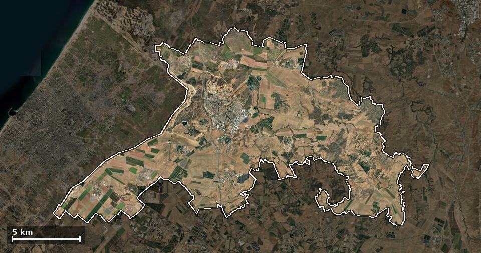 תצלום אוויר של שער הנגב, ותחום השיפוט המוניציפלי מסומן עליו