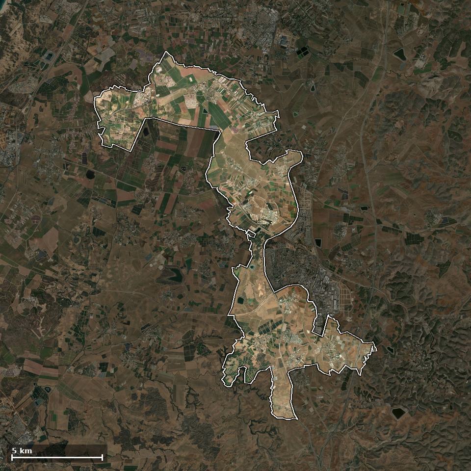 תצלום אוויר של שפיר, ותחום השיפוט המוניציפלי מסומן עליו