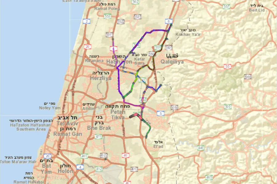 מפת קווי האוטובוס בדרום השרון