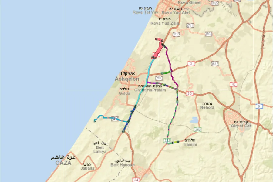 מפת קווי האוטובוס בחוף אשקלון