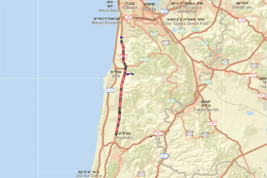 מפת קווי האוטובוס בחוף הכרמל
